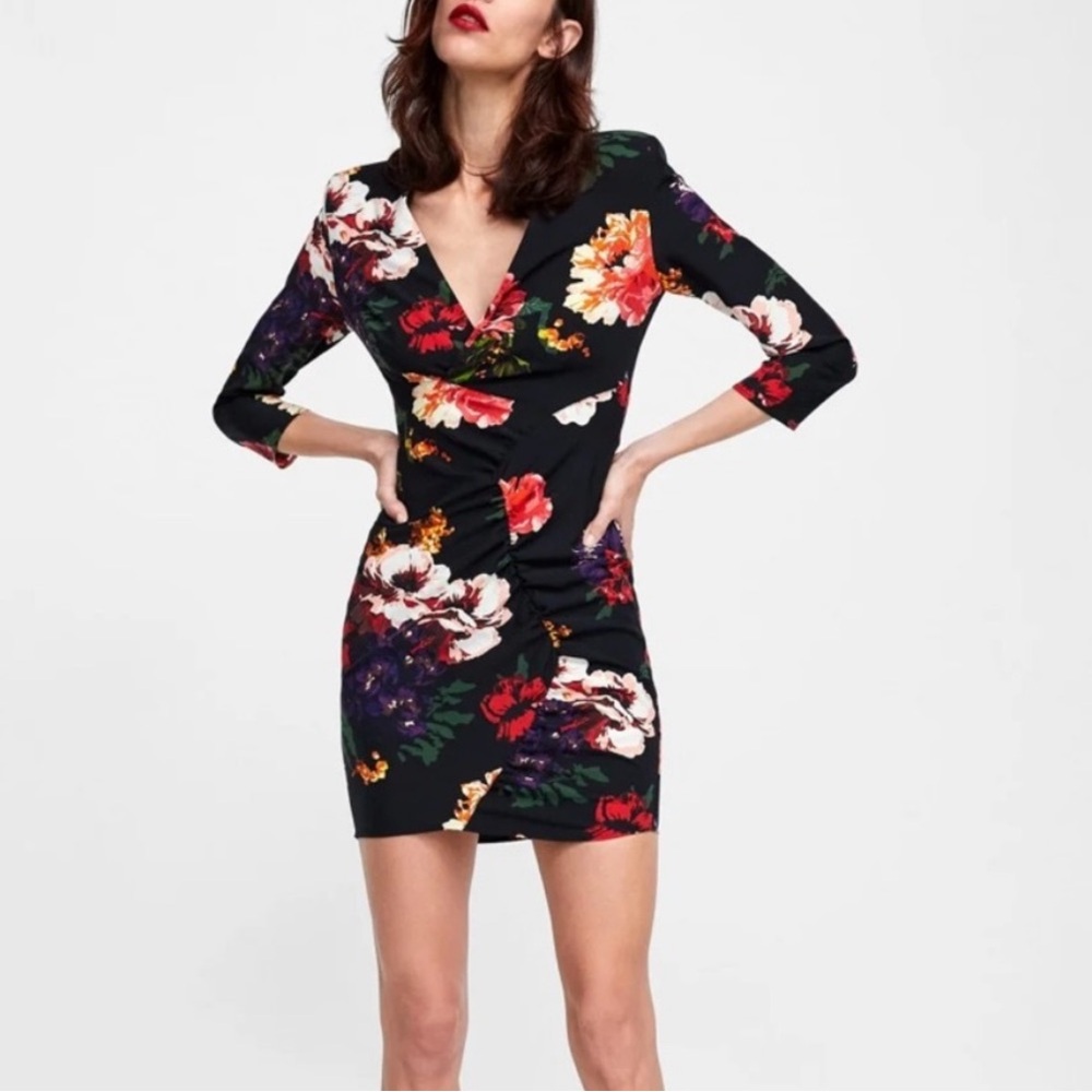 ZARA FLORAL FAUX WRAP RUCHED MINI DRESS w 3/4 SLEEVES COCKTAIL DATE NIGHT Sz: S